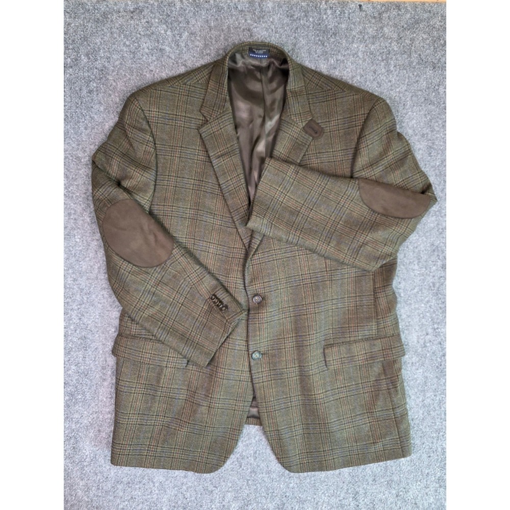 Tommy Hilfiger Blazer Mens 42R Brown Plaid Wool Elbow Patches Sport Coat